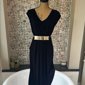 New York & Company Black Maxi Dress with V-Neck and Gold Belt - size small